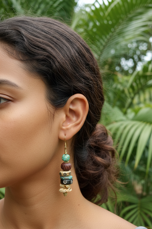 Mixed Media Earrings • Carved Bone, Turquoise Nuggets, Stoneware Clay • Square Bone Beads • Autumn Inspired Nature Lover Jewelry
