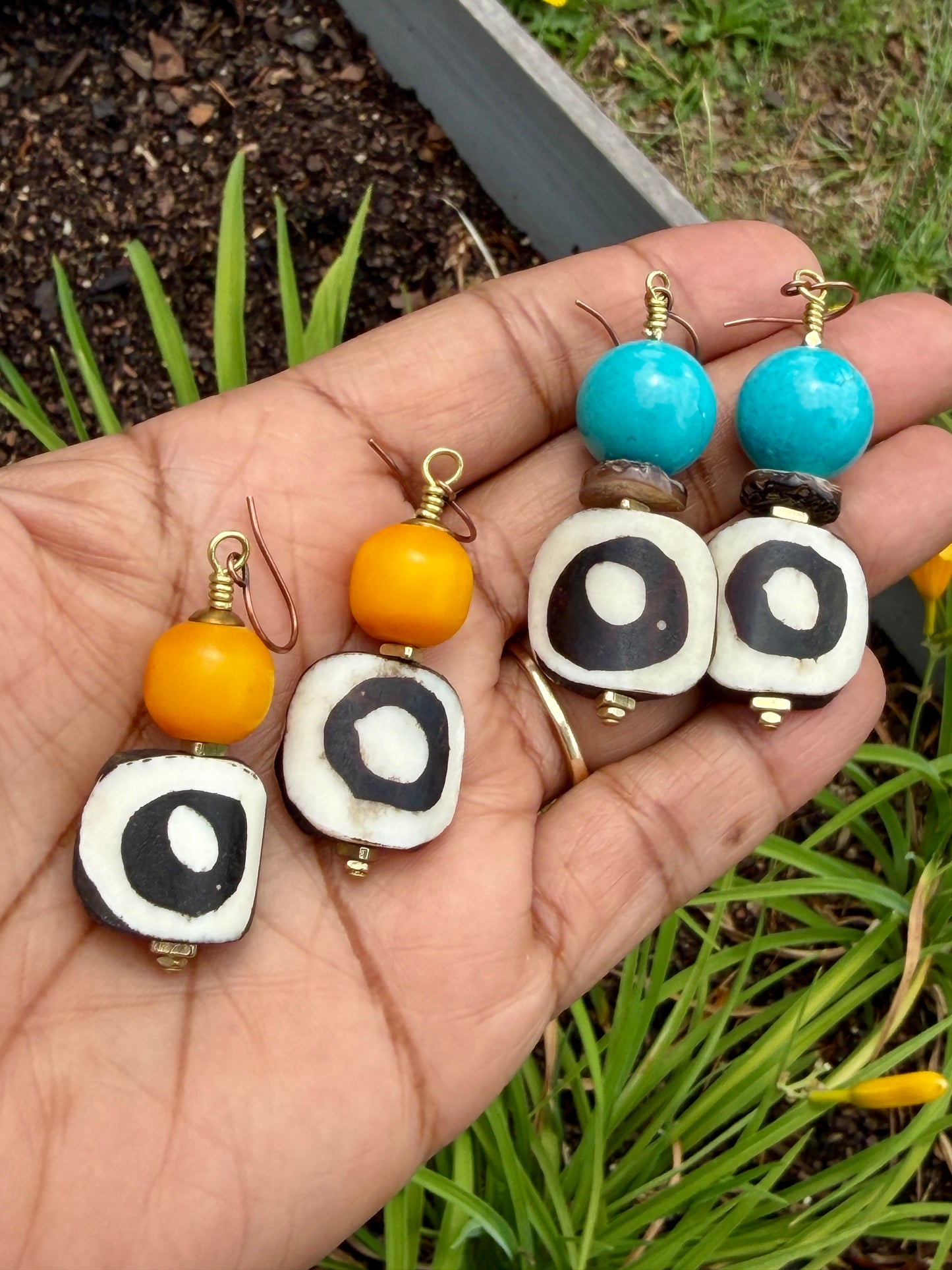 Batik Bone & Turquoise Magnesite Earrings with Mottled Brown Natural Heishi Shell Beads• Beachy Summer Boho Jewelry