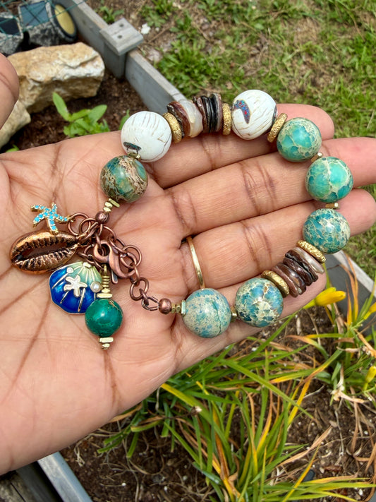 Boho Mixed Media Bracelet: Inlaid Naga Conch Shell, Turquoise Impression Jasper