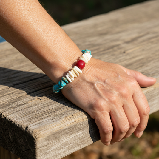 Natural Mussel Shell Bracelet – Aqua Sediment Jasper– Coastal Boho Stretch Jewelry