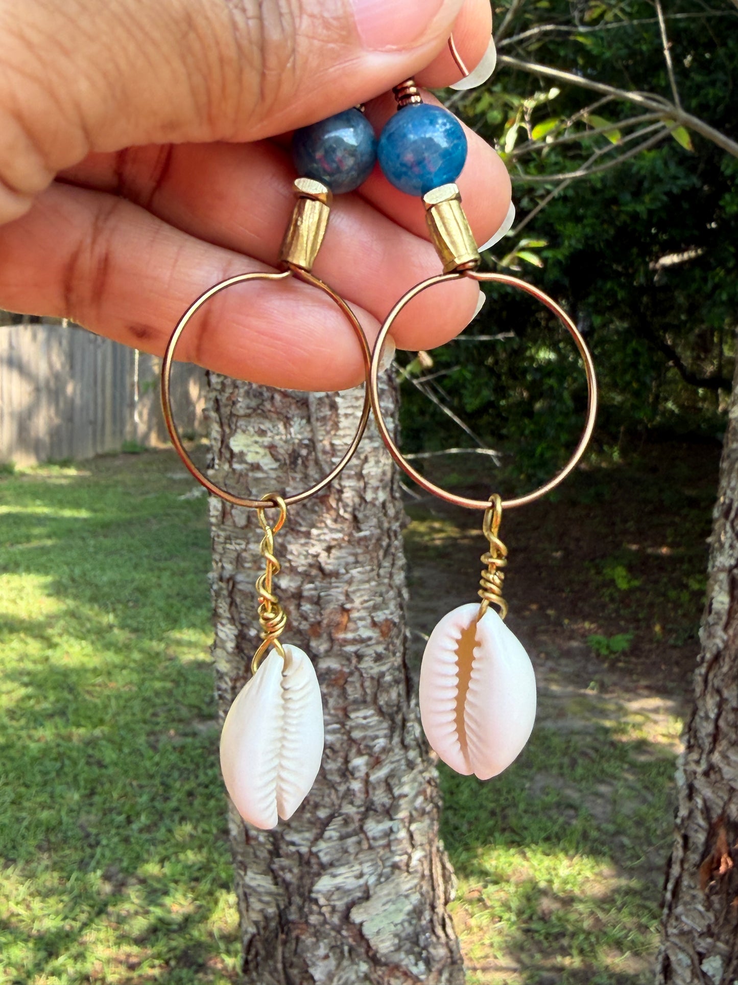 Bold Apatite Hoop Earrings • Cowrie Shell Charms • Fun Unique Beach Jewelry