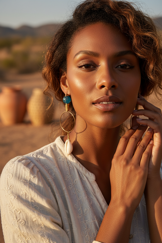 Bold Apatite Hoop Earrings • Cowrie Shell Charms • Fun Unique Beach Jewelry