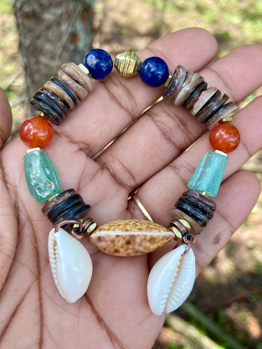 Roman Glass Bracelet • Natural Shell, Gold Triangle Accents, Coastal Jewelry (Copy)