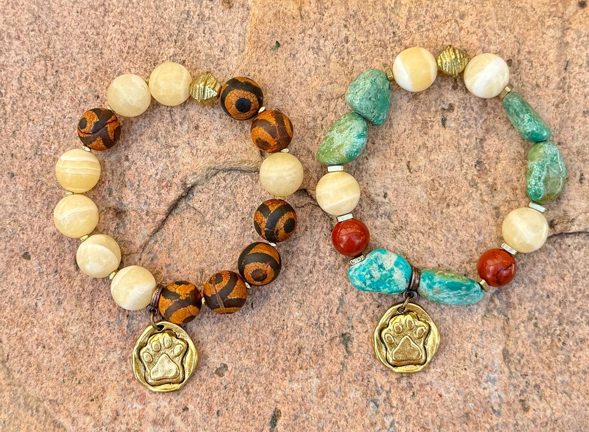 Gold Dog Paw Charm Bracelet • Turquoise Nuggets • Dog Lover Jewelry • Fur Baby Gift