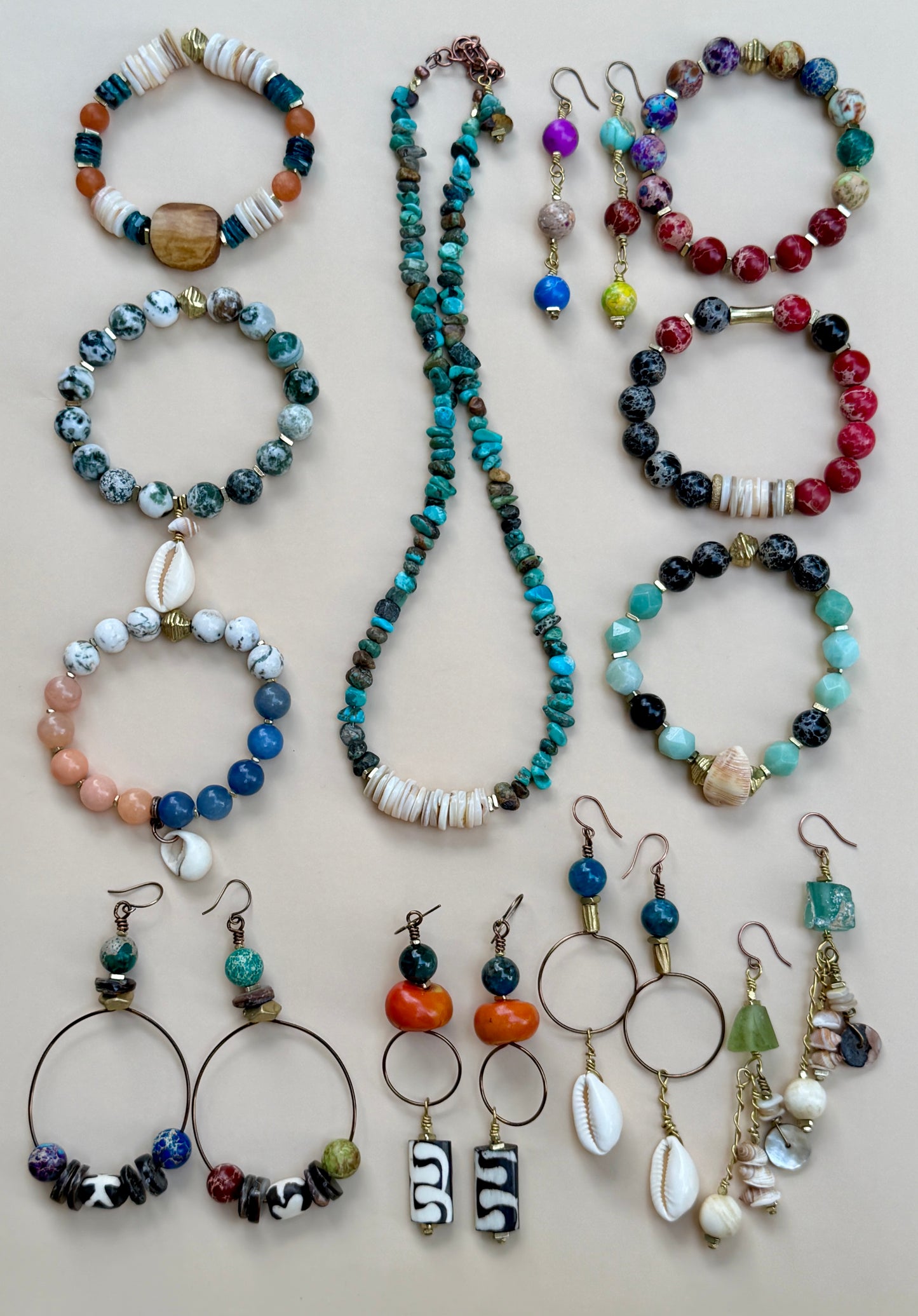 Faceted Amazonite Gemstones and Black Sediment Jasper & Natural Shell Bracelet
