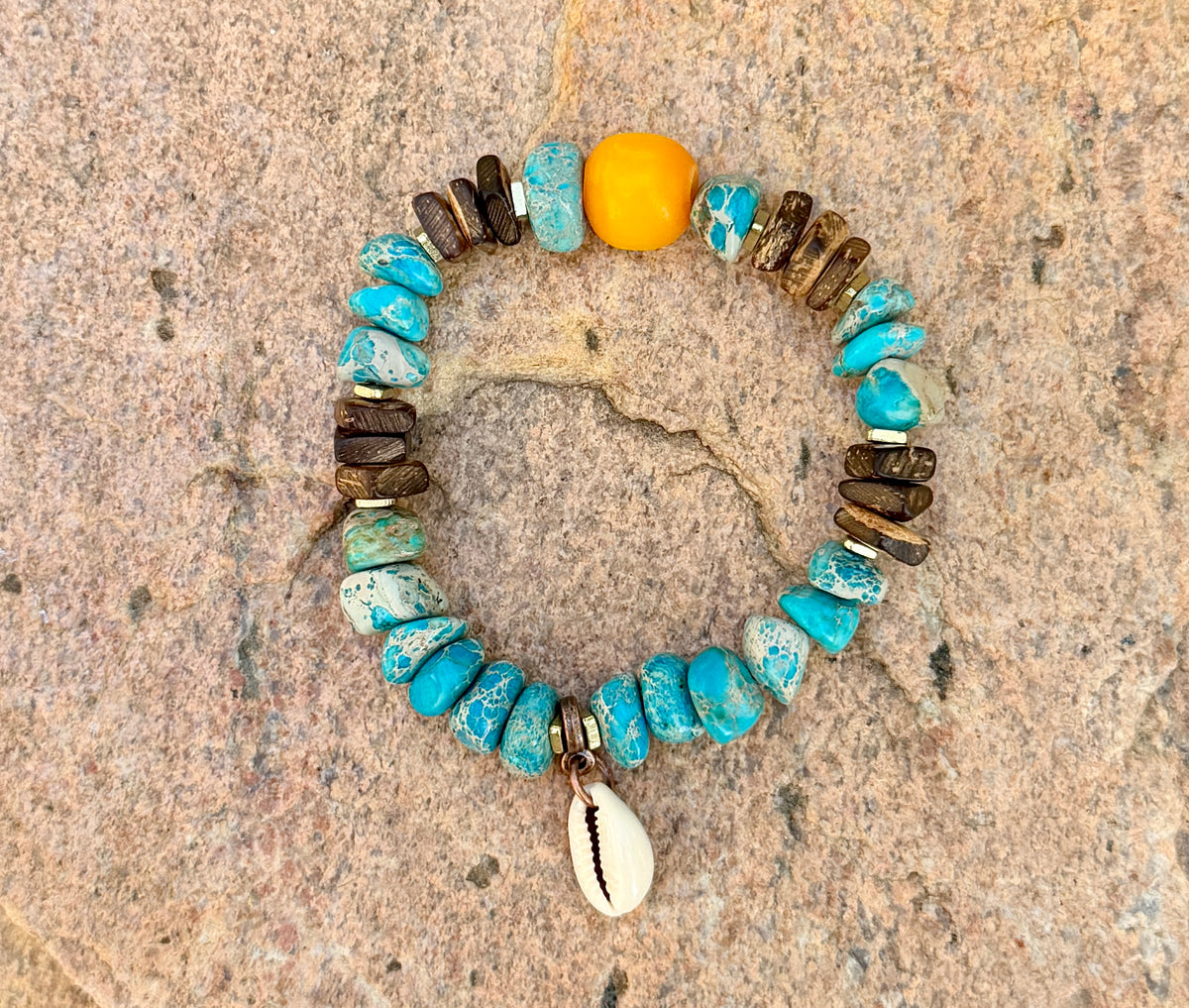 Yellow Kenya Amber Resin Focal– Aqua Sediment Jasper– Coastal Boho Stretch Jewelry