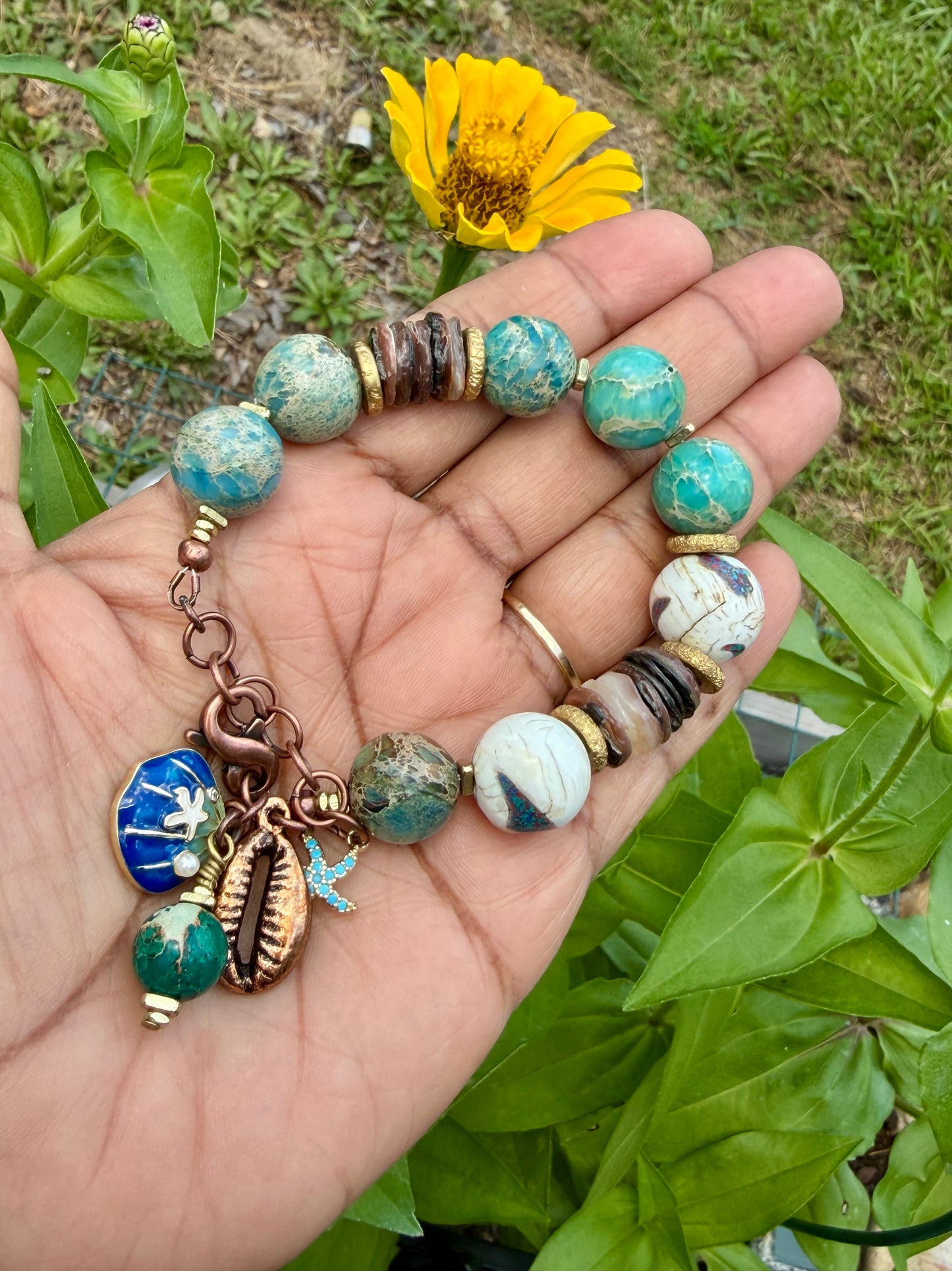 Boho Mixed Media Bracelet: Inlaid Naga Conch Shell, Turquoise Impression Jasper