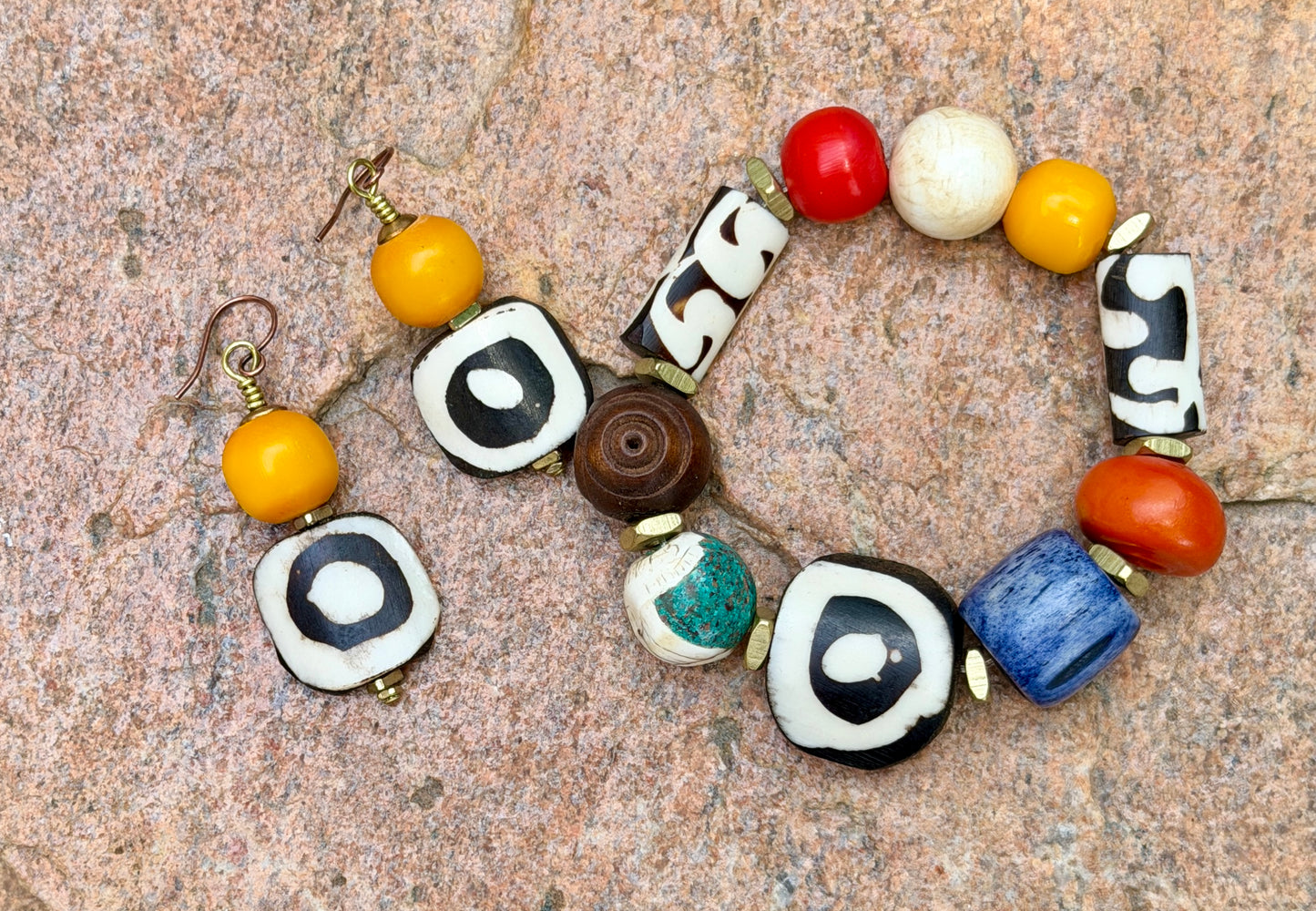 Boho Mix Media Bracelet — Colorful Agate, Kenyan Resin & Blue Bone Beads