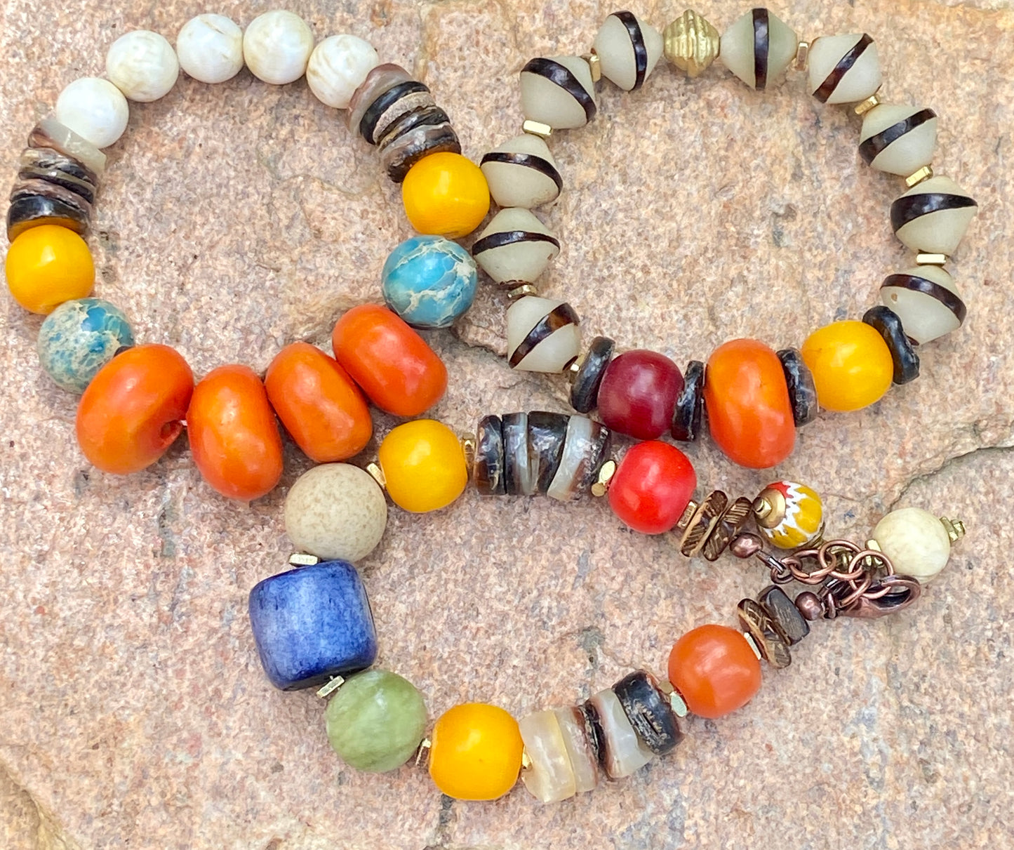 Boho Tribal Bracelet • Moroccan Mango Resin • Naga Shell • Kenyan Amber • Turquoise Impression Jasper
