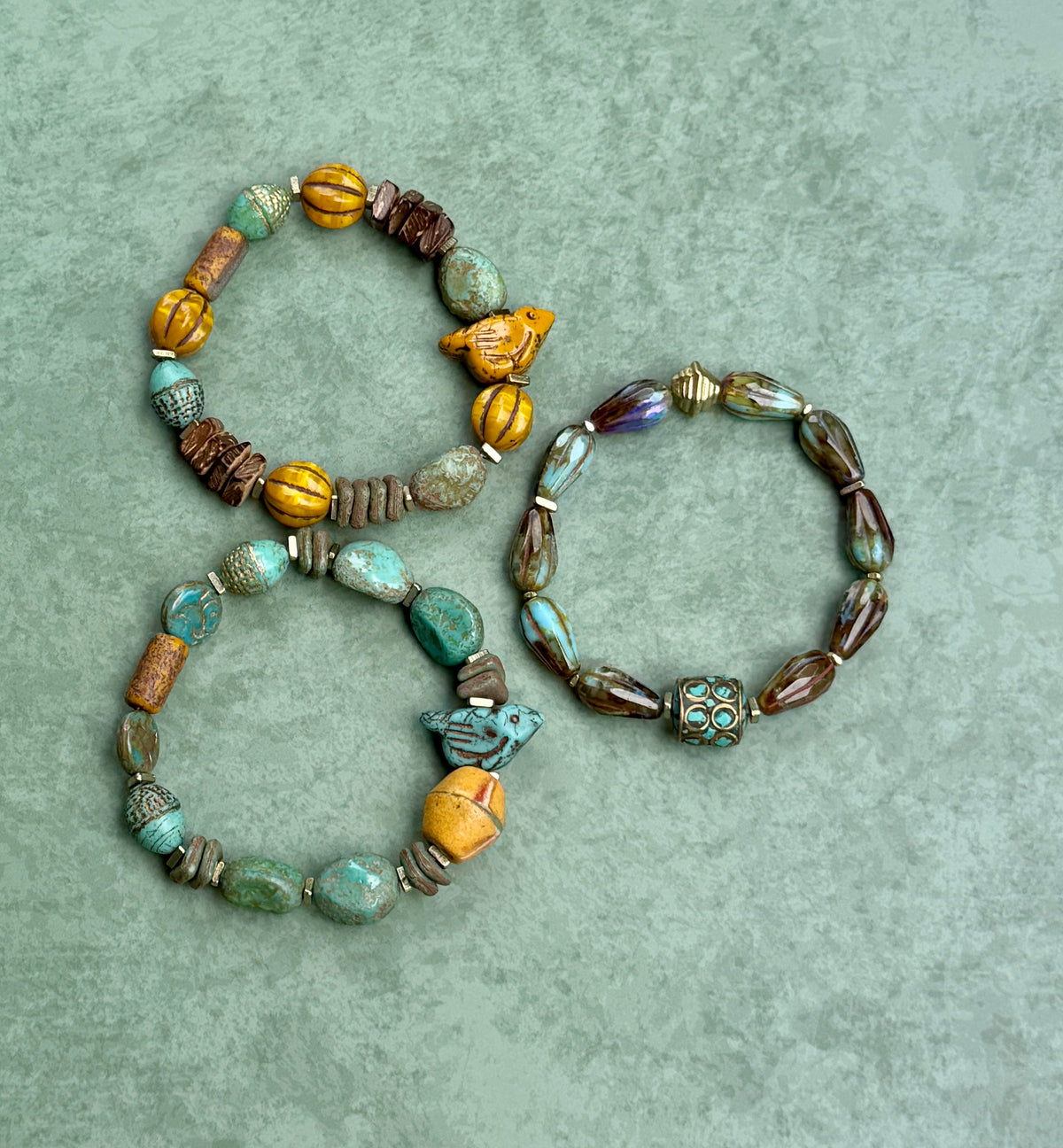 Mystic Marsh Drops • Inlaid Nepali Cylindrical Brass Bead Focal • Autumn Inspired Artisan Bracelet