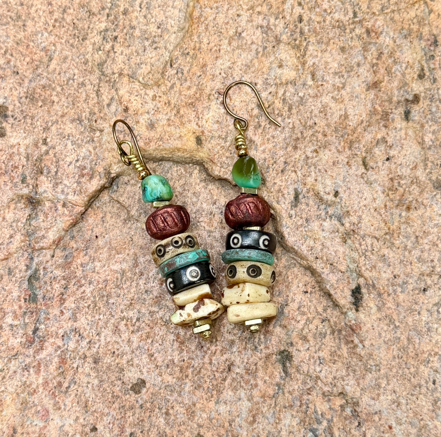 Mixed Media Earrings • Carved Bone, Turquoise Nuggets, Stoneware Clay • Square Bone Beads • Autumn Inspired Nature Lover Jewelry