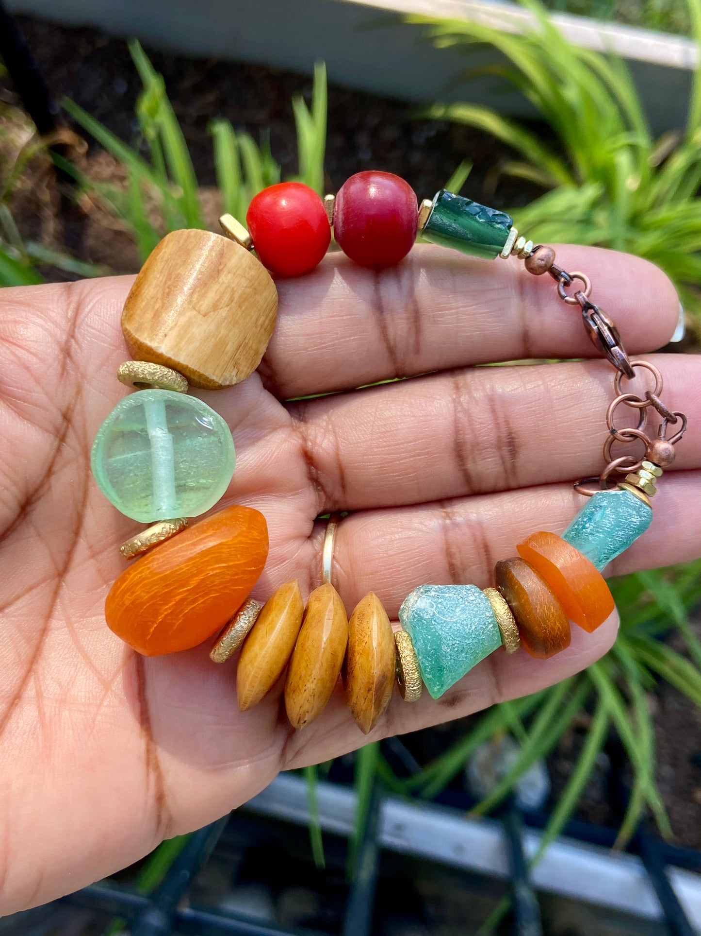 Boho Tribal Bracelet – Moroccan Horn, Roman Glass & Colorful Resin Beads