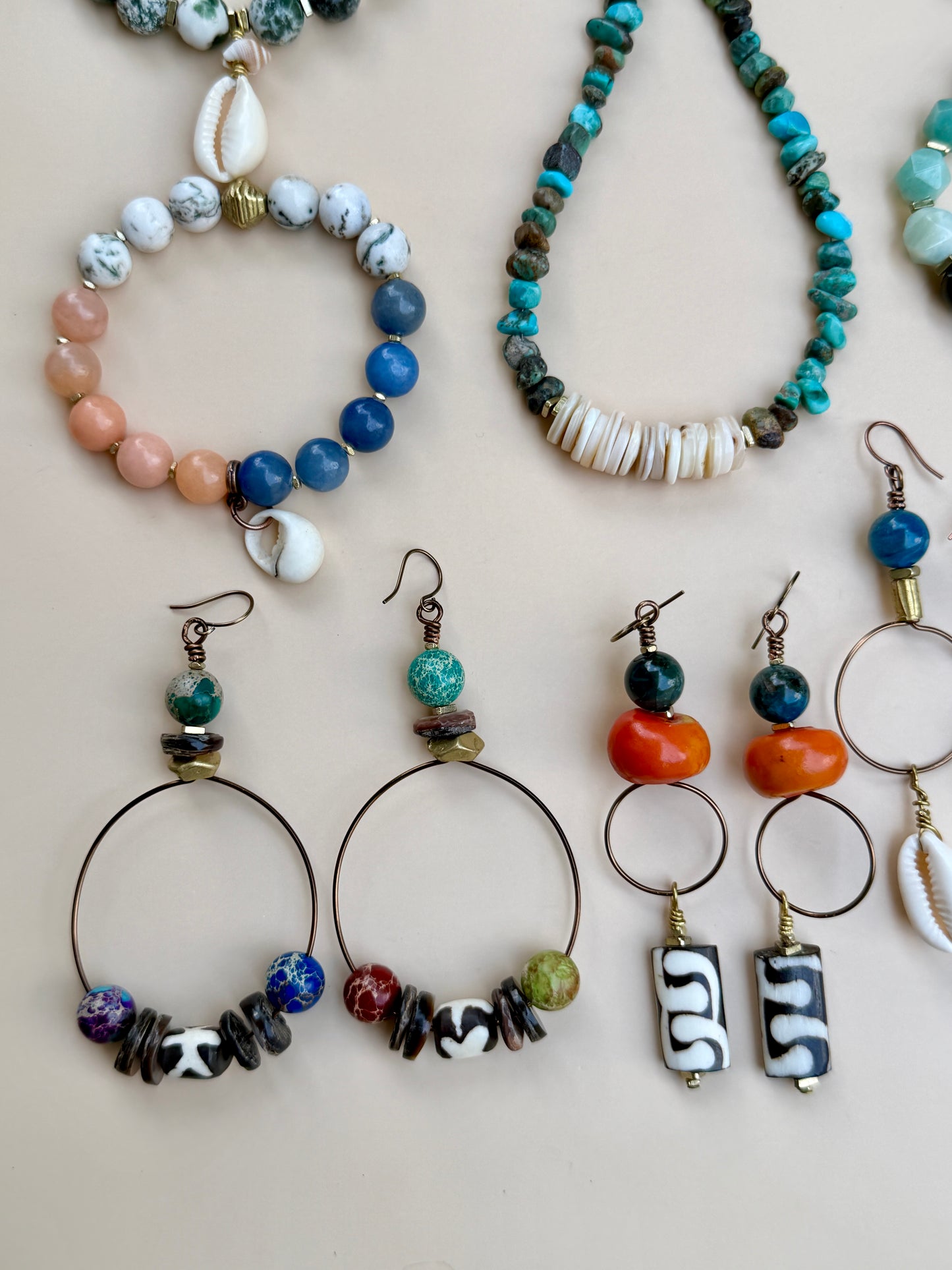 Beach Vibes Bracelet: Natural Shell and Pink and Blue Aventurine, Tree Agate Gemstones
