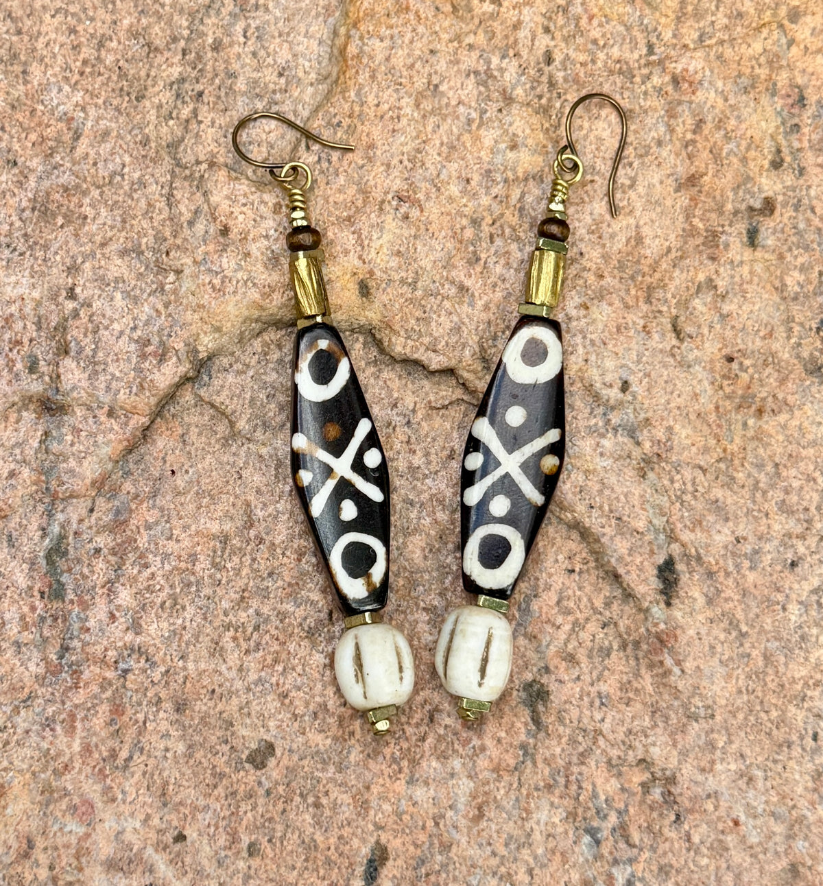 Bold Batik Bone Earrings • Tribal Inspired Mudbone Beads • Rustic Boho Dangles • Earthy Statement Earrings