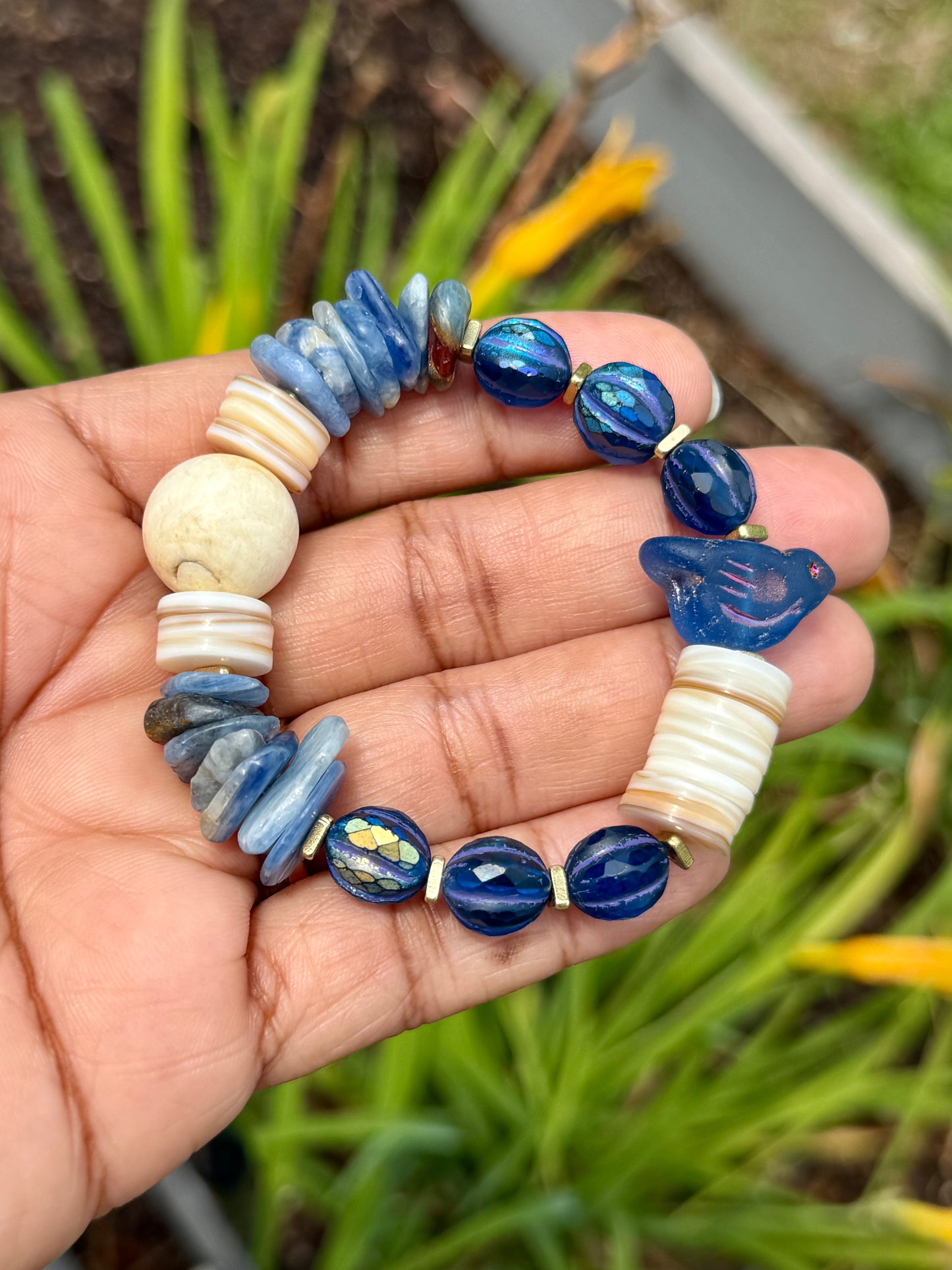 Mystic Bluebird Chirp Bracelet with Natural Shell, Vintage Naga Shell & Kyanite Chips