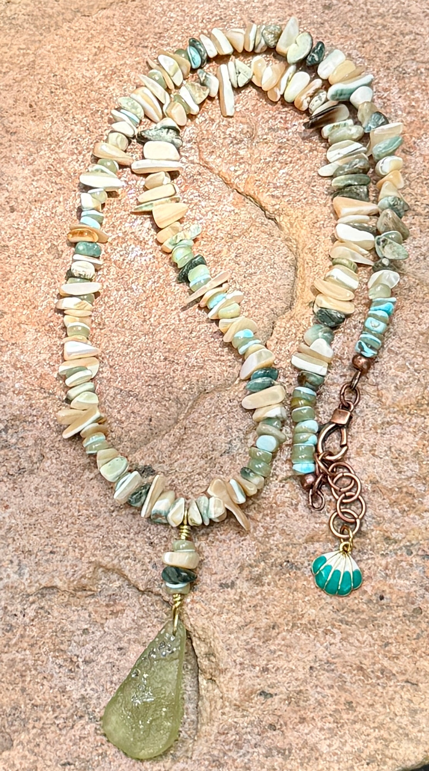 Green Tan Turbo Shell Necklace• Sea Green Heishi and Roman Glass Pendant