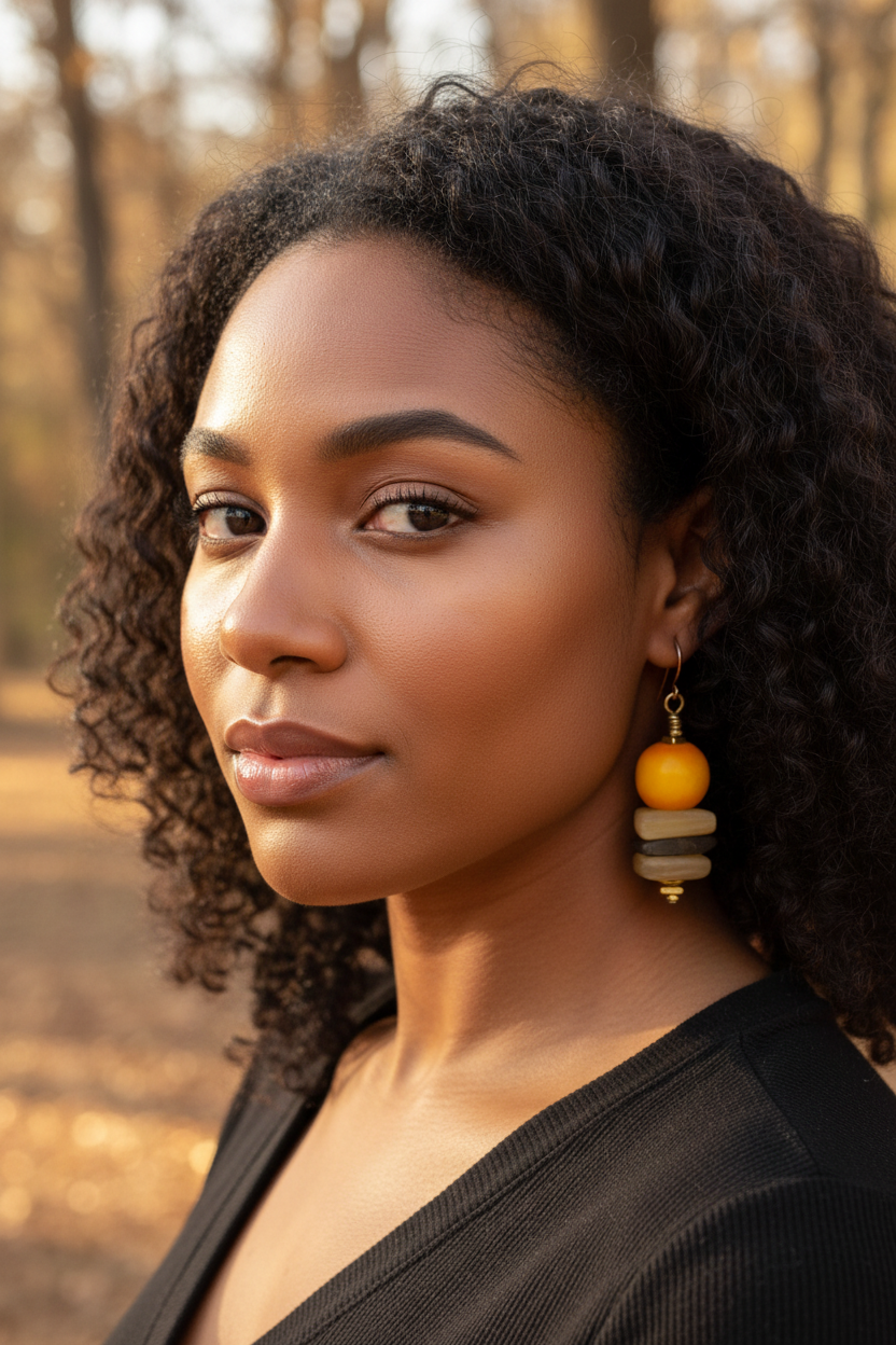 African American model wearing Horn and Resin Earrings