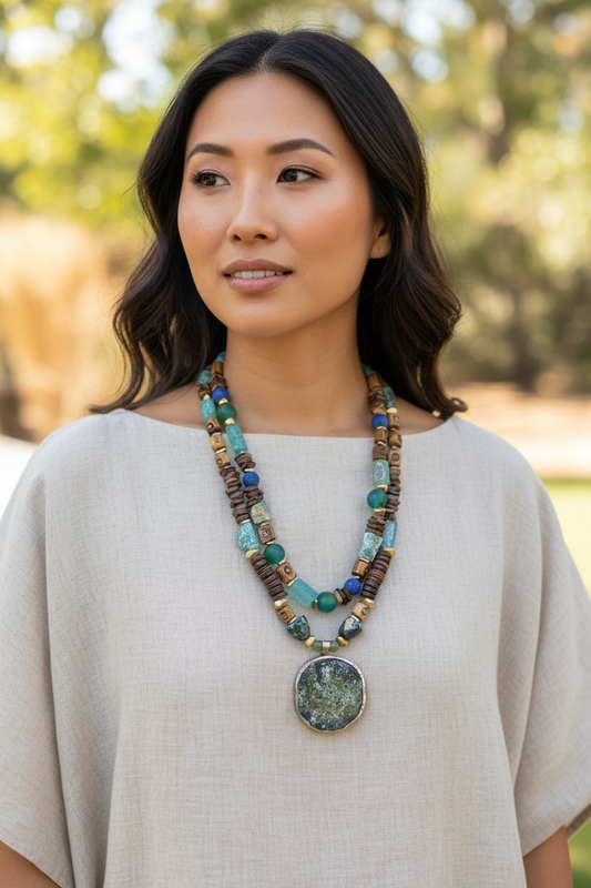 Earthy Roman Glass Necklace - Asian Model