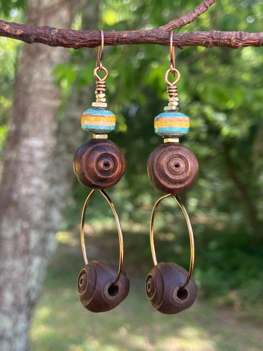 Bohemian Vintage Carved Olive Wood Earrings