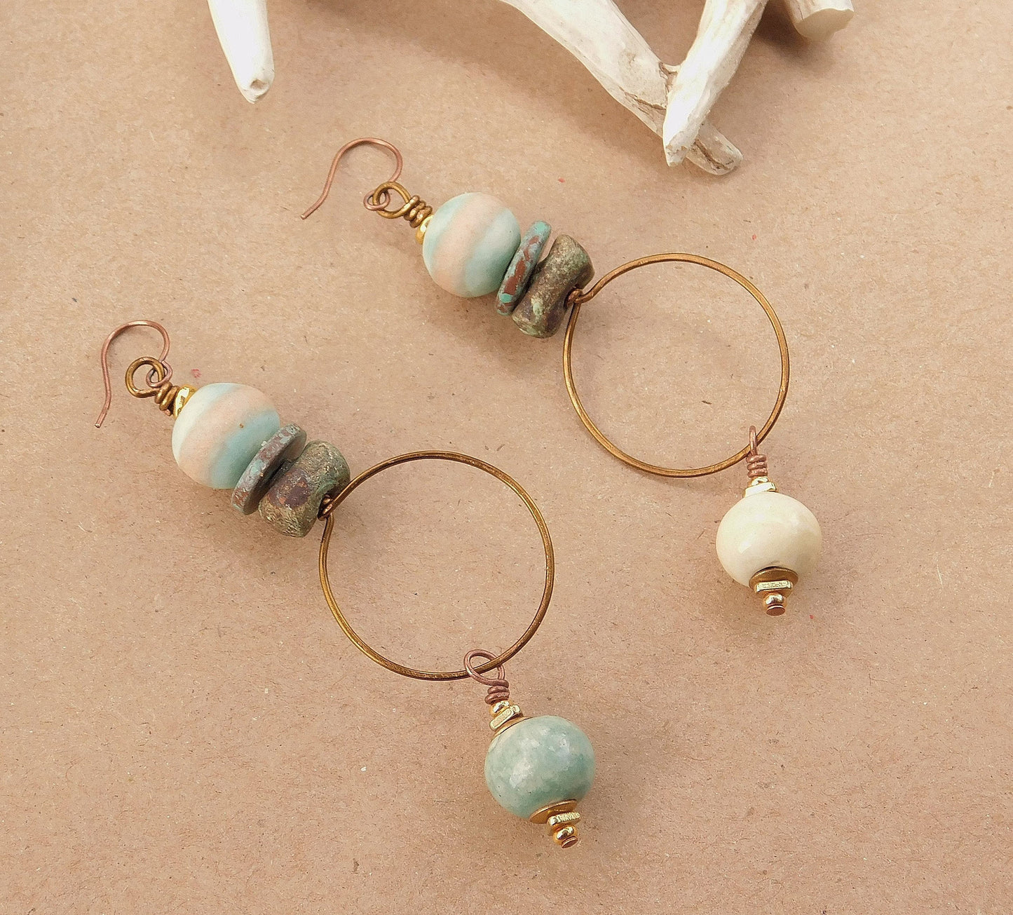 Turquoise and White Ceramic Bohemian Earrings