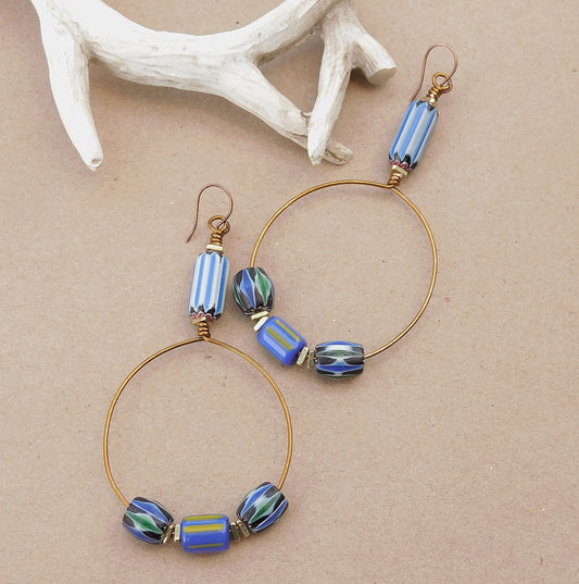 Blue Chevron Hoop Earrings