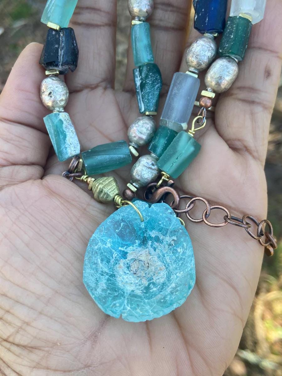 Dark Silver Ethiopian Prayer Beads and Roman Glass Necklace