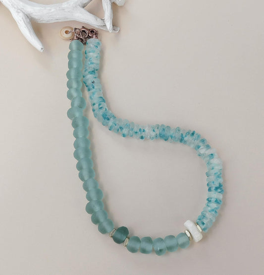 Clear and Blue Wave Marine Java Bead Necklace