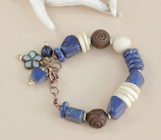 Chunky Lapis and Naga Conch Shell Bracelet