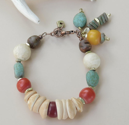 Natural West African Shell Bead Mixed Media Bracelet