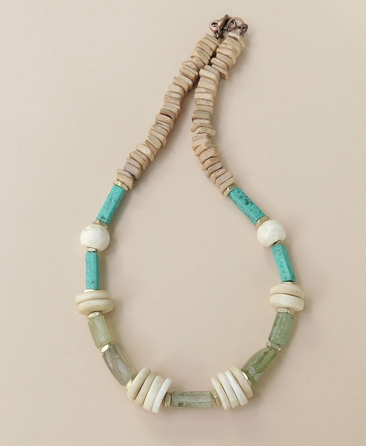 Roman Glass, Naga Conch Shell and Moroccan Pottery Bead Necklace