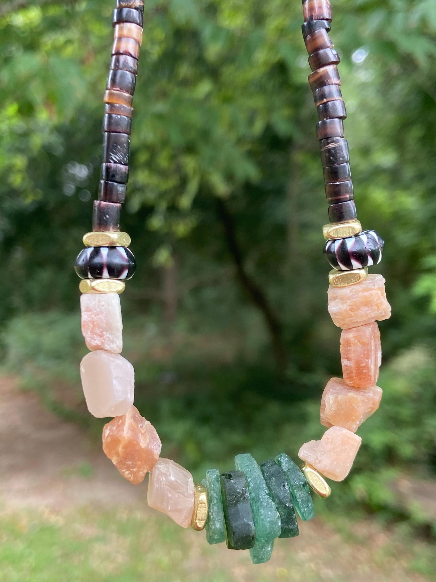 Black Natural Shell Heishi Beads and Gemstone Necklace