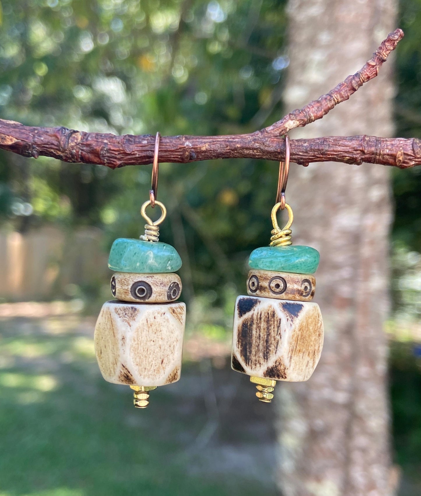 Boho Bone Earrings: Rustic Aventurine, Coconut Wood & Brass