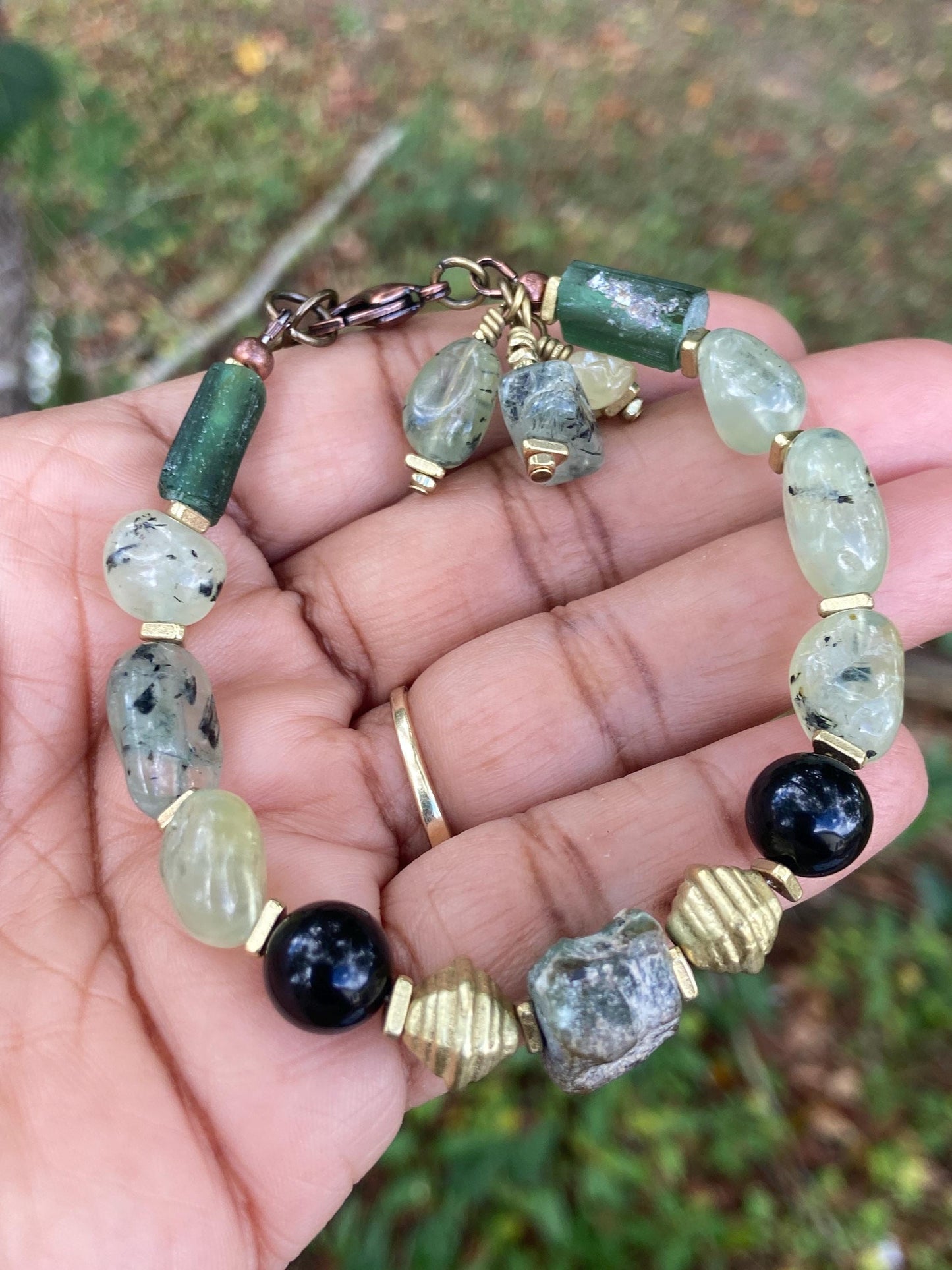Prehnite, Black Onyx and Roman Glass Bracelet