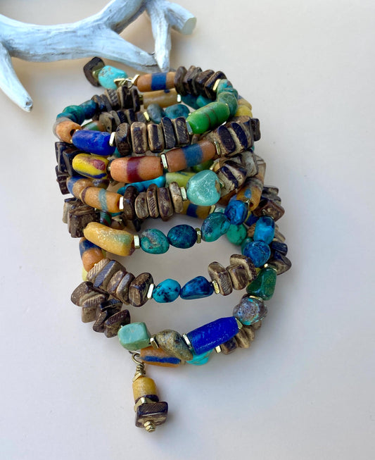 African Sandcast with Turquoise and Chrysocolla Nugget Bangle