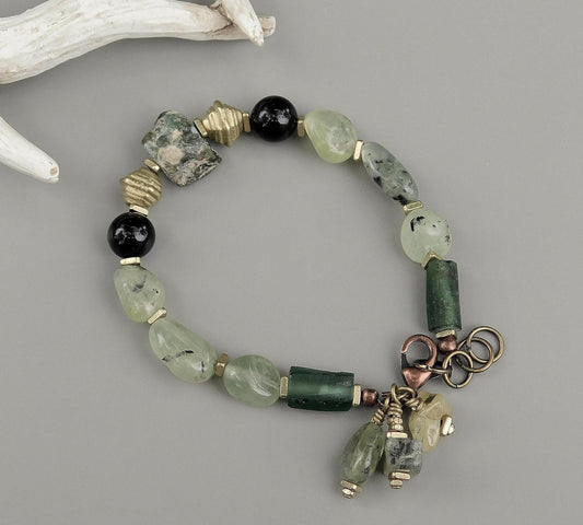 Prehnite, Black Onyx and Roman Glass Bracelet