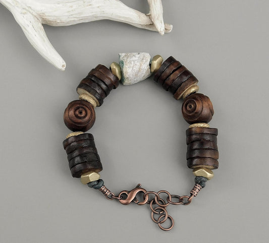 Brown Coconut Bone Heishi Beads and Carved Olive Wood Bead Bracelet