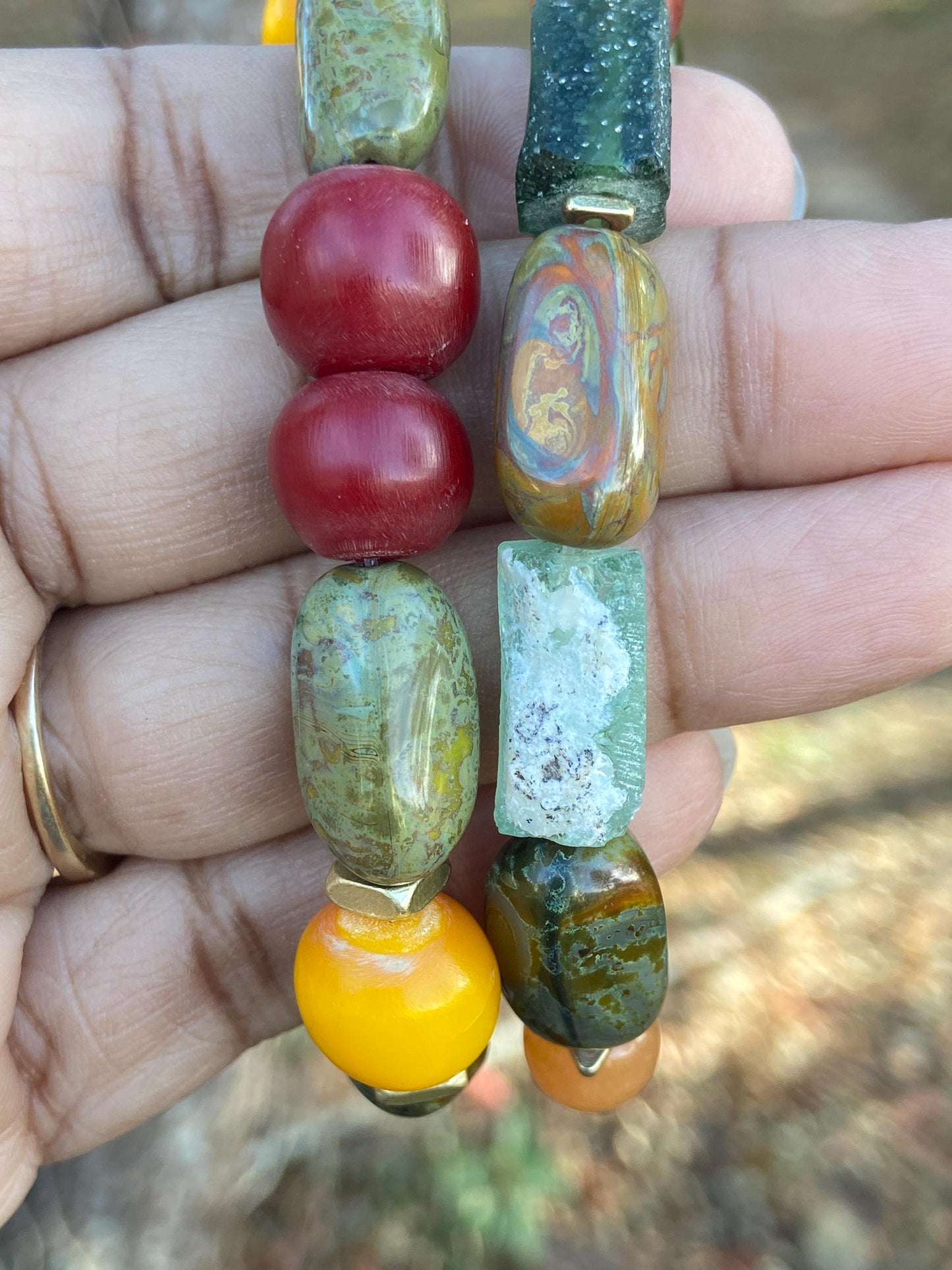 Boho Chakra Stone Stretch Bracelet, Roman Glass, Lampwork Focal
