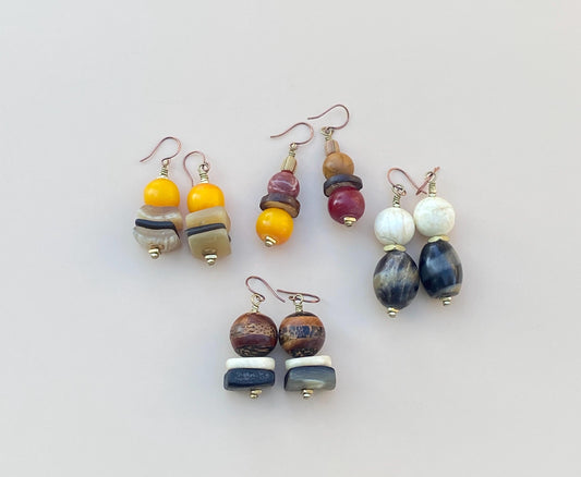 Earthy Tribal Boho Earrings • Natural Horn, Mookaite, & Kenya Amber Resin • Naga Conch • Coconut Bone •