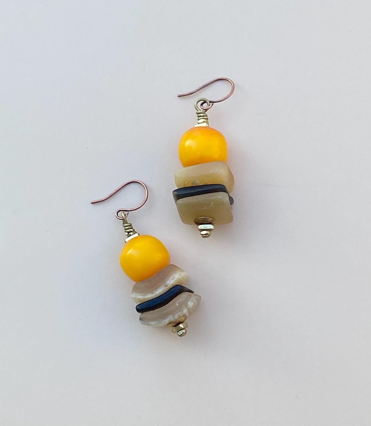 Earthy Tribal Boho Earrings • Natural Horn, Mookaite, & Kenya Amber Resin • Naga Conch • Coconut Bone •