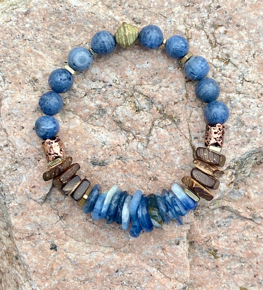 Blue Kyanite and Sponge Coral Bracelet| Coconut Wood and Brass Spacers|Boho Artisian Jewelry