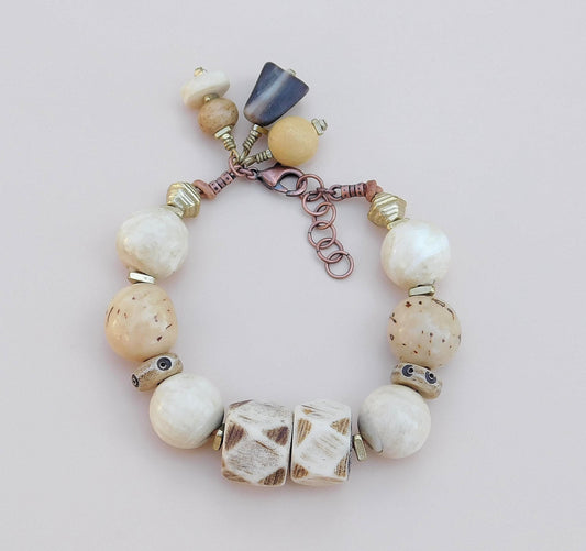 Tagua Seed Bead Bracelet: Naga Conch Shell, Bone & Brass