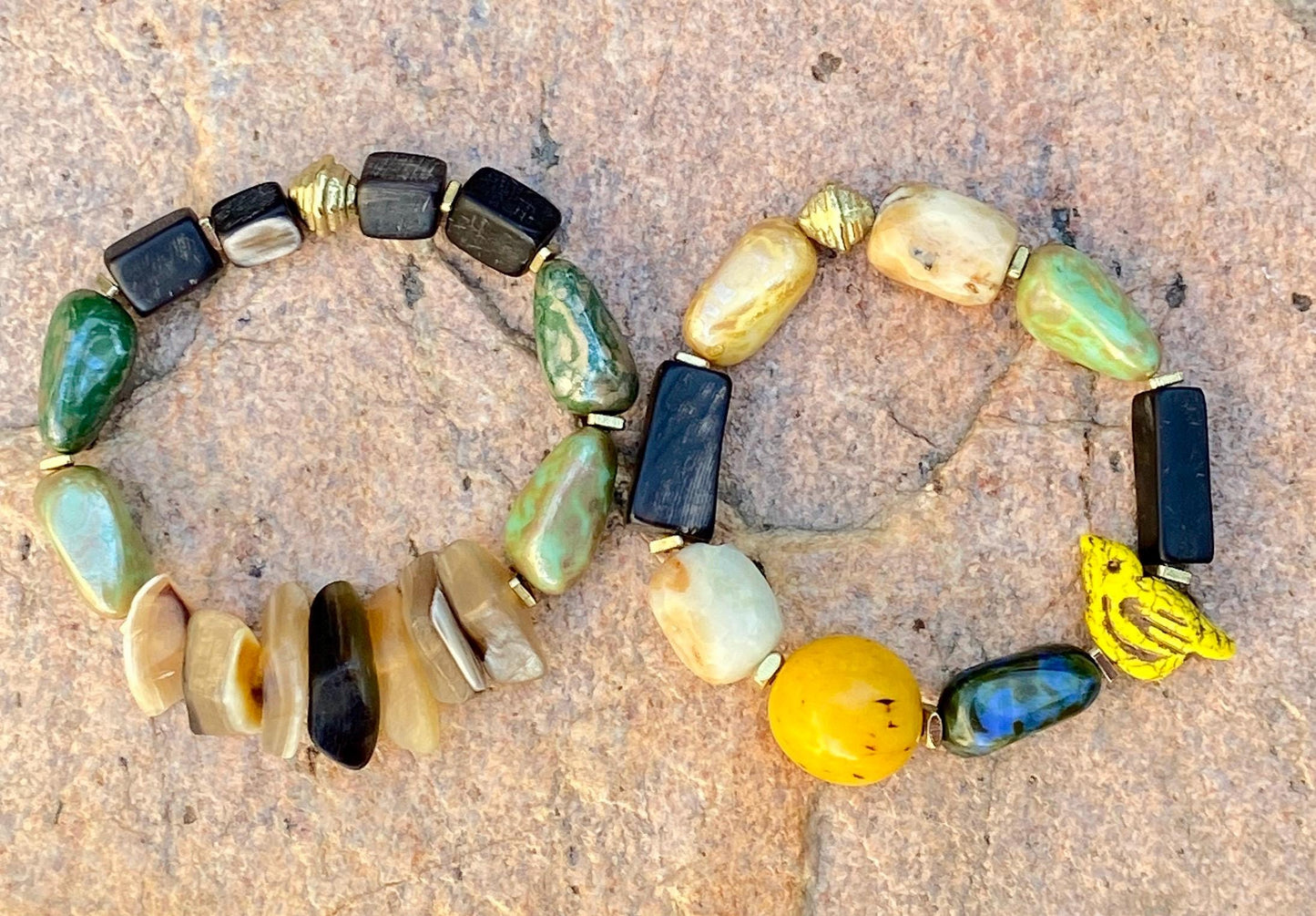 Boho Mixed Media Stretch Bracelet with Yellow Chirp