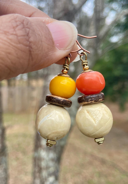 Mixed Media Necklace with Amber Resin Kenya Beads, Bone, Naga Conch & Coconut Heishi Beads