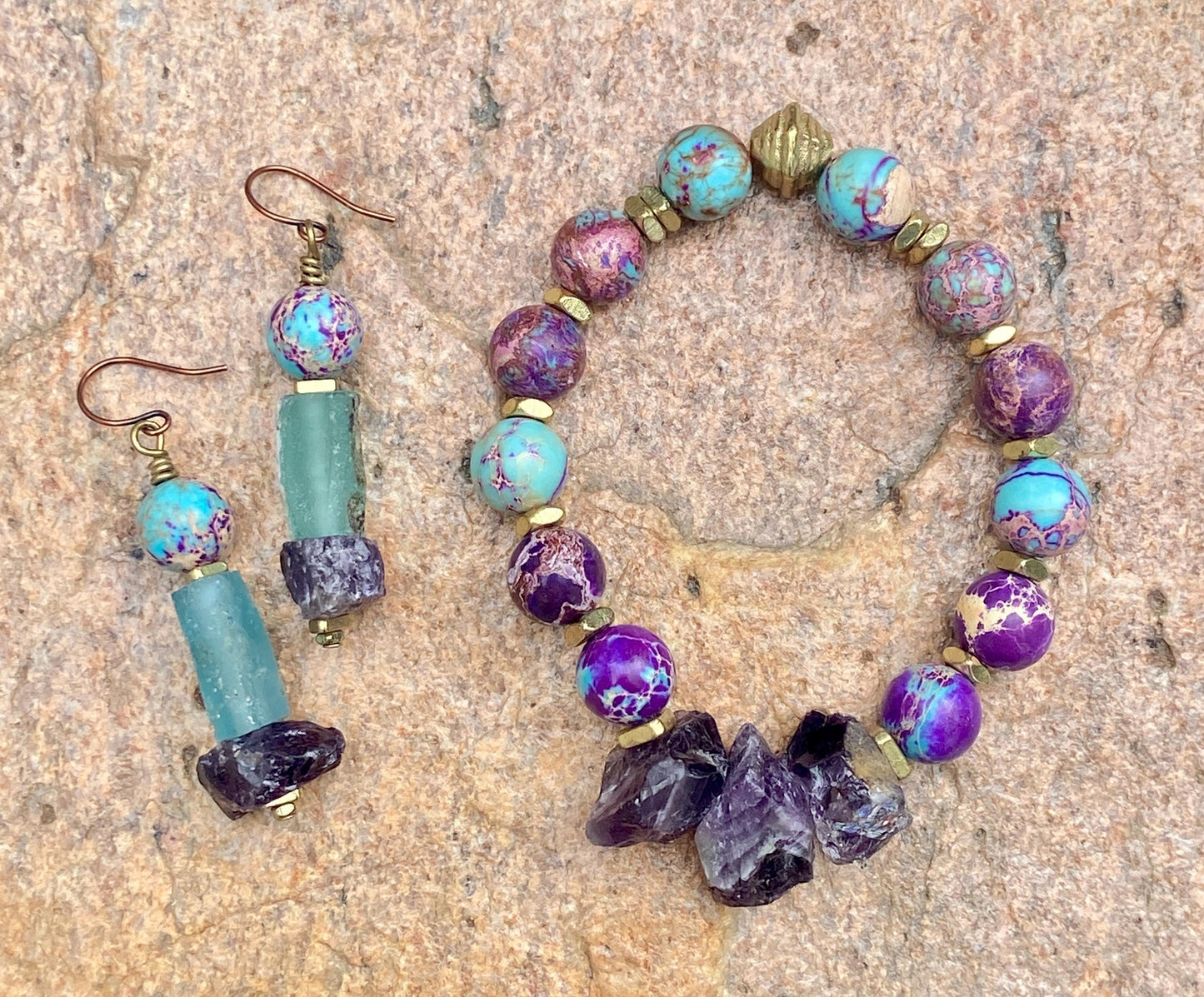 Galaxy Sea Sediment Jasper Bracelet with Rough Cut Amethyst Beads
