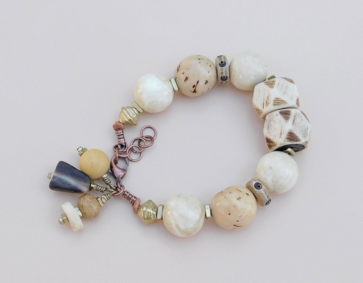 Tagua Seed Bead Bracelet: Naga Conch Shell, Bone & Brass