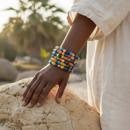 Rustic African Sandcast Beaded Bangle – Boho Gold‑Accented Bracelet