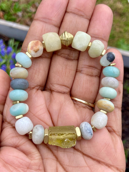 Pantone Cloud Dancer Gemstone Bracelet – Amazonite, Roman Glass & Brass