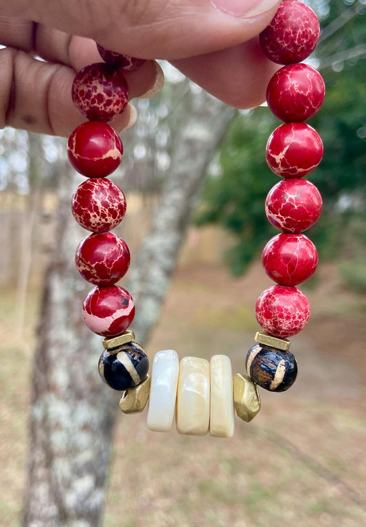 Red Sea Sediment Jasper & Naga Conch Shell Bracelet with Pumket Bone Beads