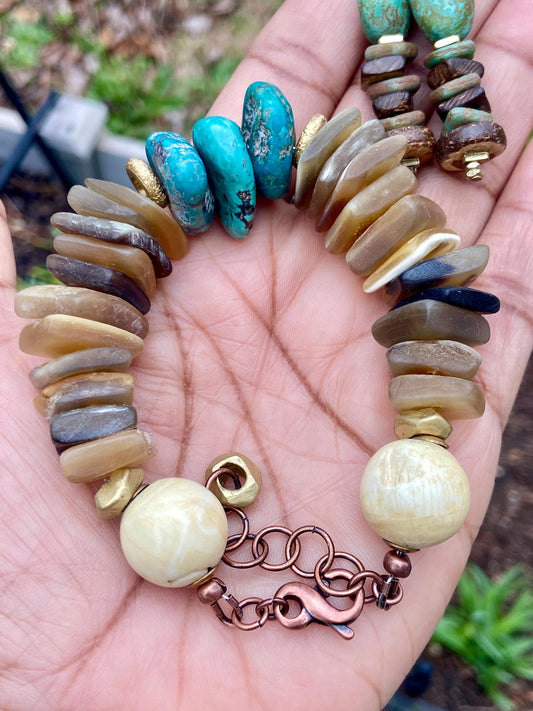 Bohemian Turquoise, Horn and Naga Conch Shell Bead Bracelet