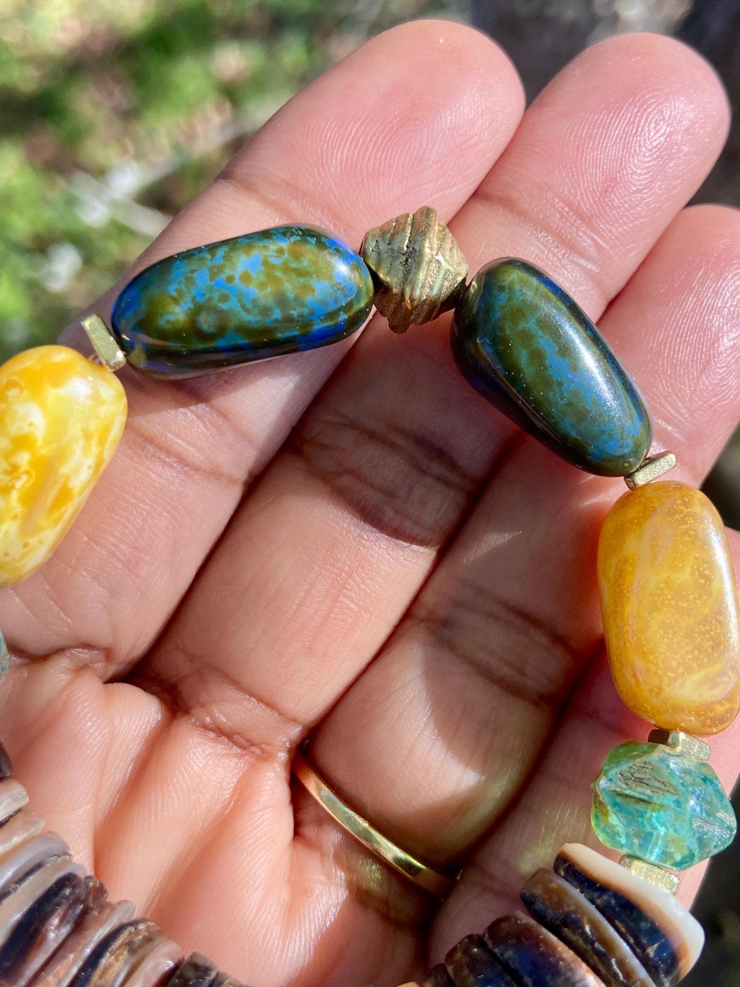 Boho Chunky Czech Nugget and Shell Stretch Bracelet